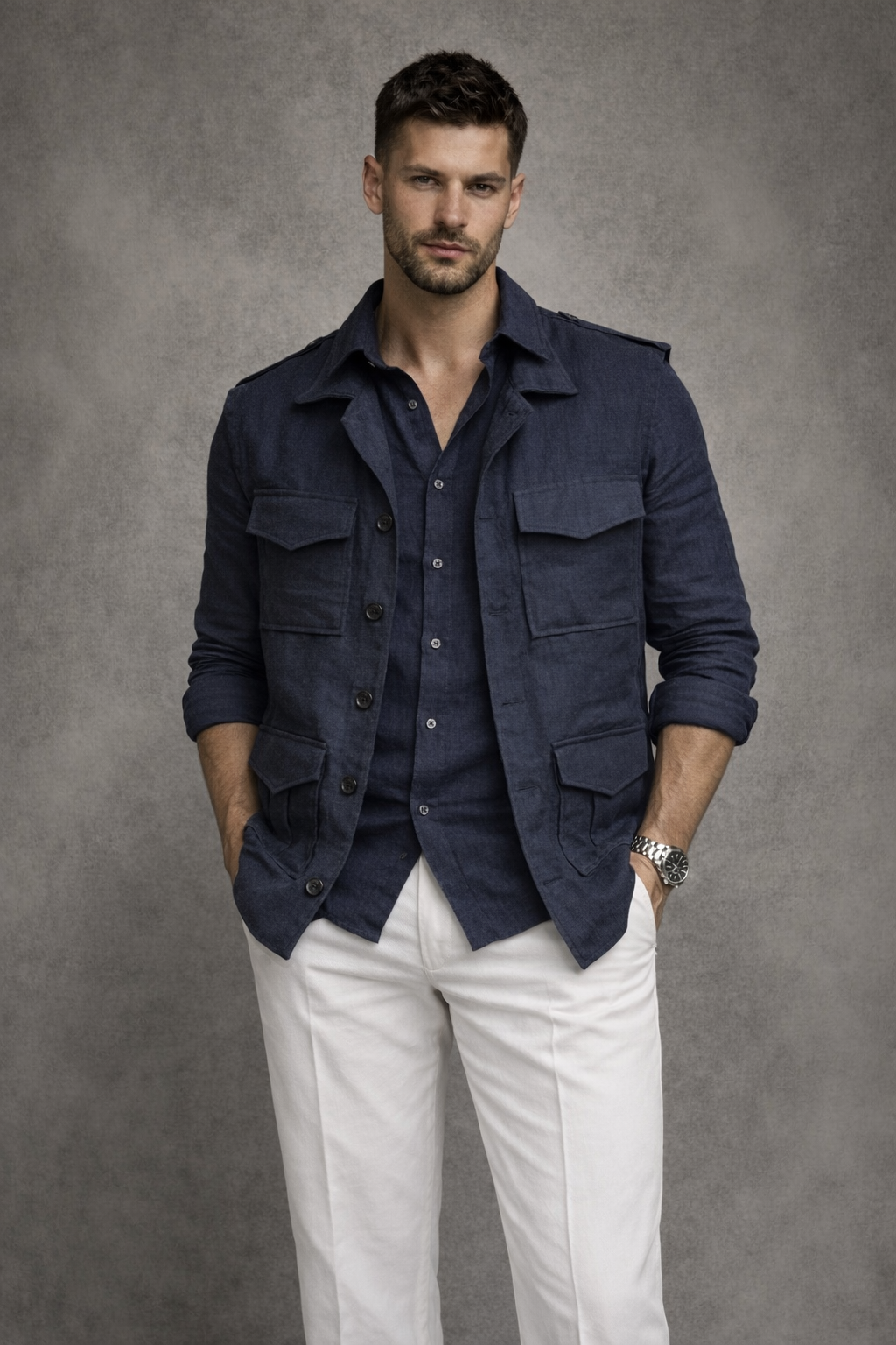 Sleeveless Linen Shacket - Navy Blue