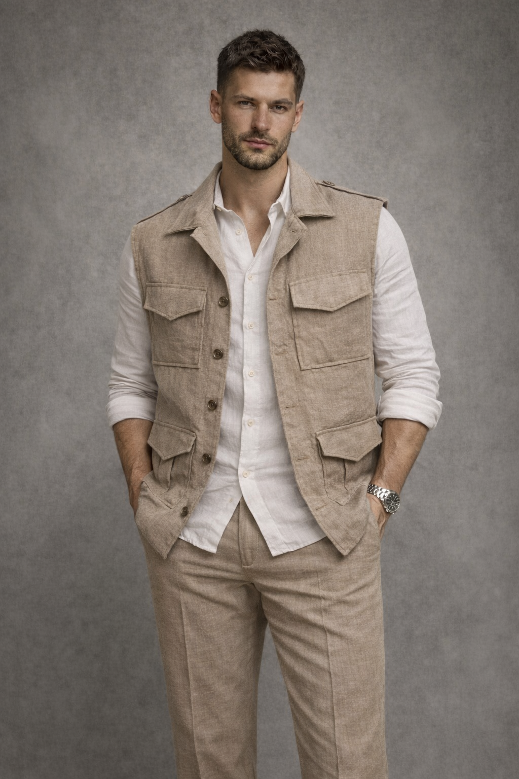 Sleeveless Linen Shacket - Beige