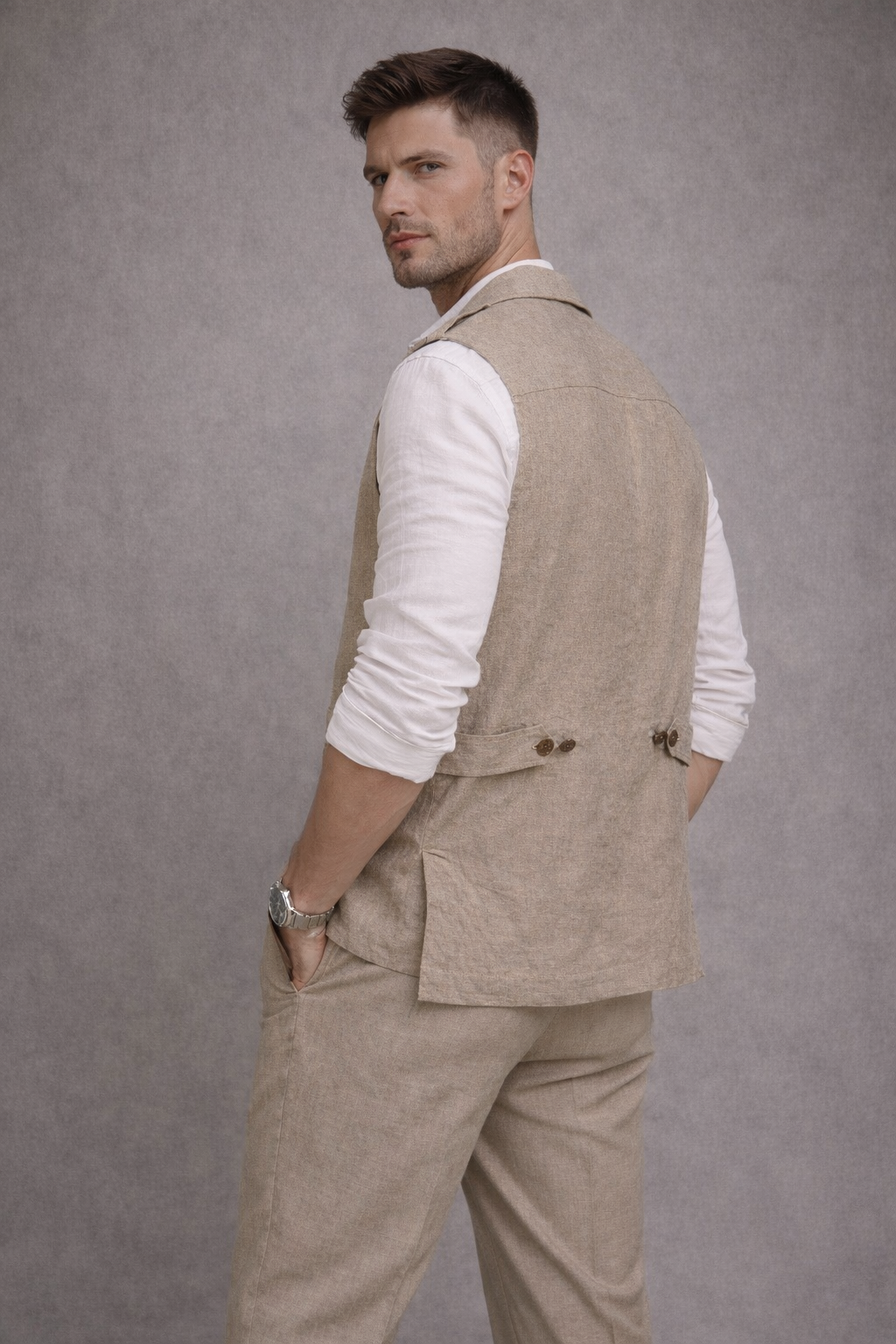 Sleeveless Linen Shacket - Beige