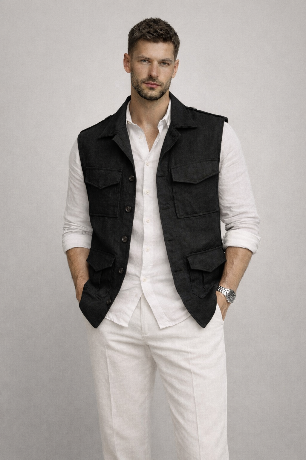 Sleeveless Linen Shacket - Black