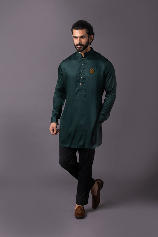 Bottle Green Embellished Short Kurta