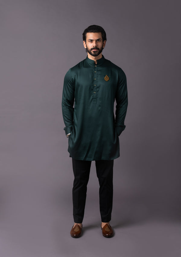 Bottle Green Embellished Short Kurta