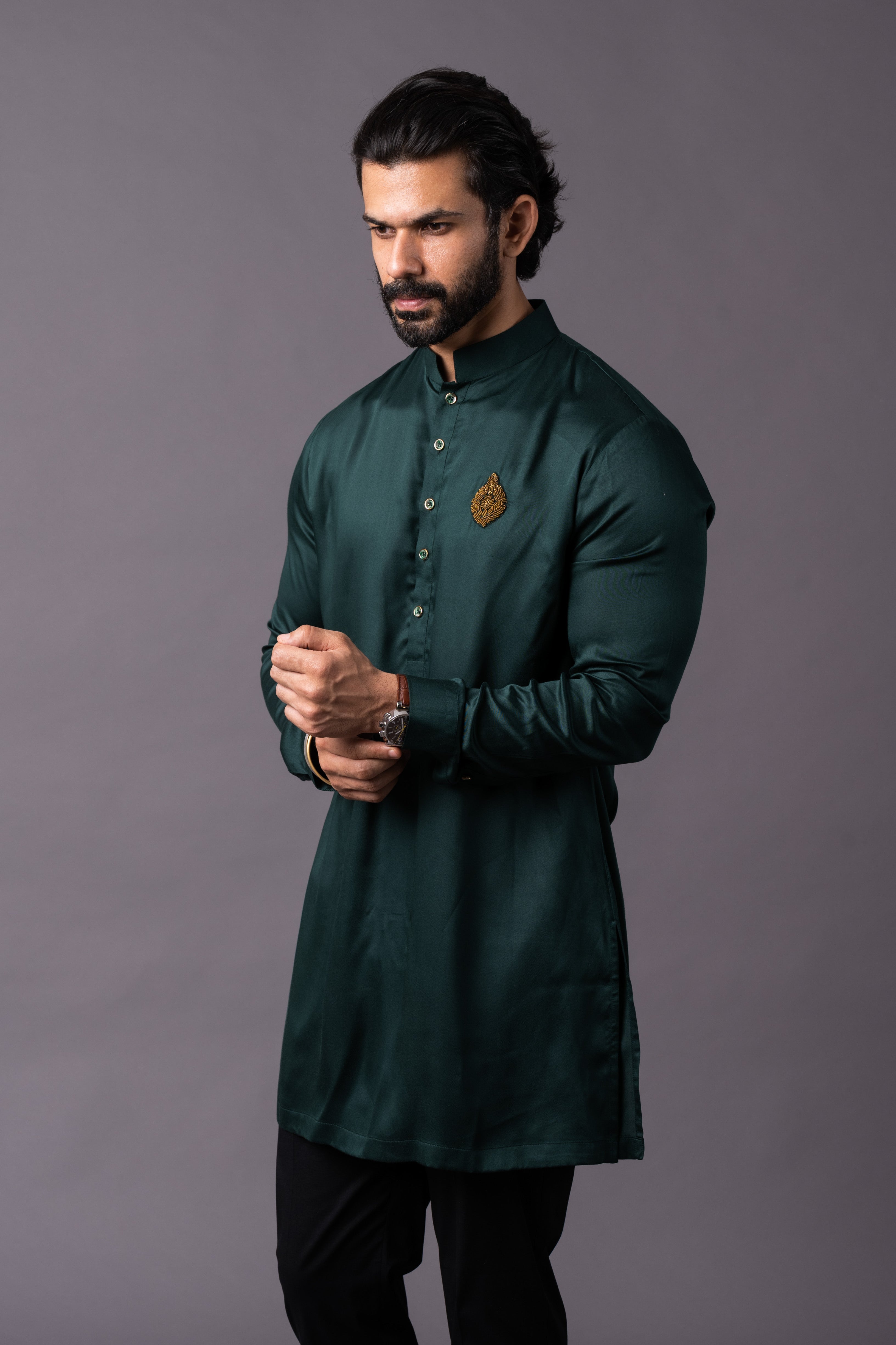 Bottle Green Embellished Short Kurta