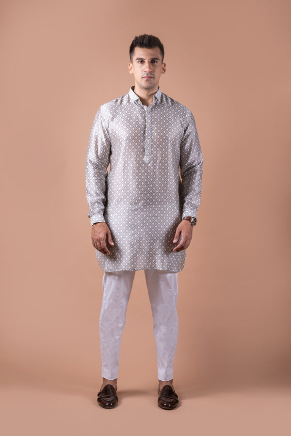 Grey White Self Chanderi Kurta