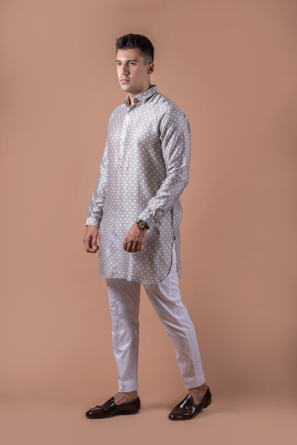 Grey White Self Chanderi Kurta