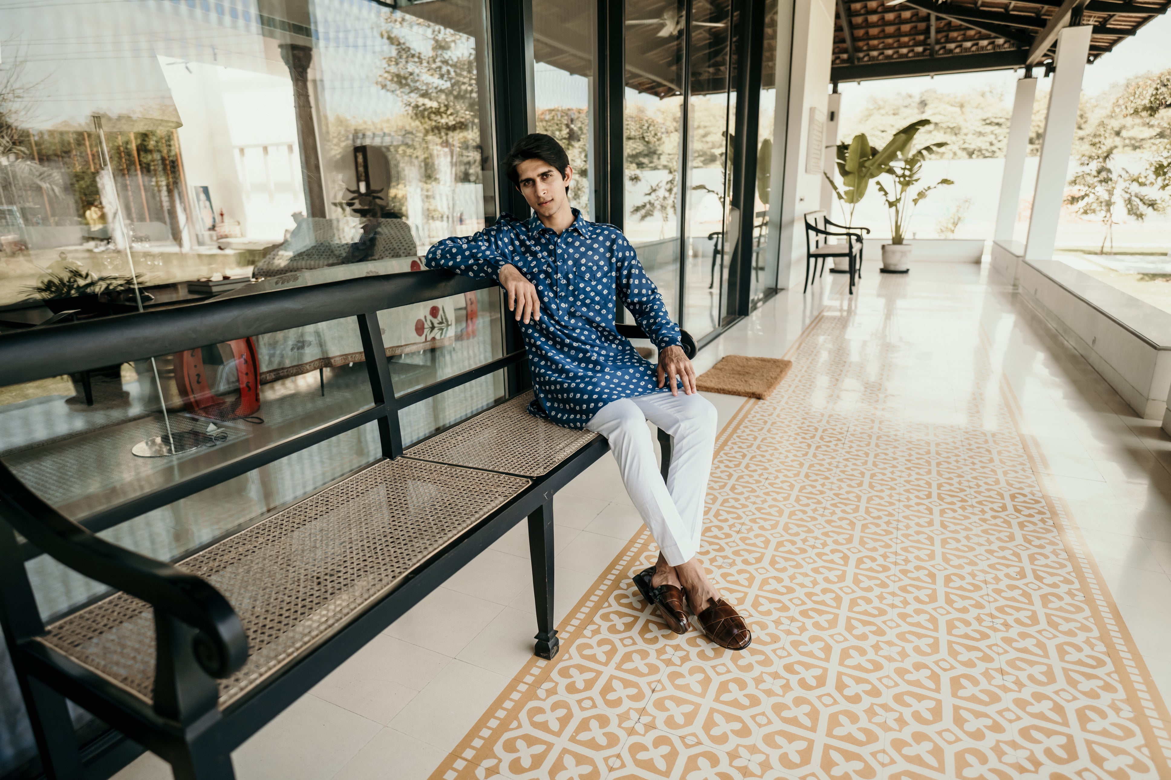 Blue Chanderi Pathani Kurta