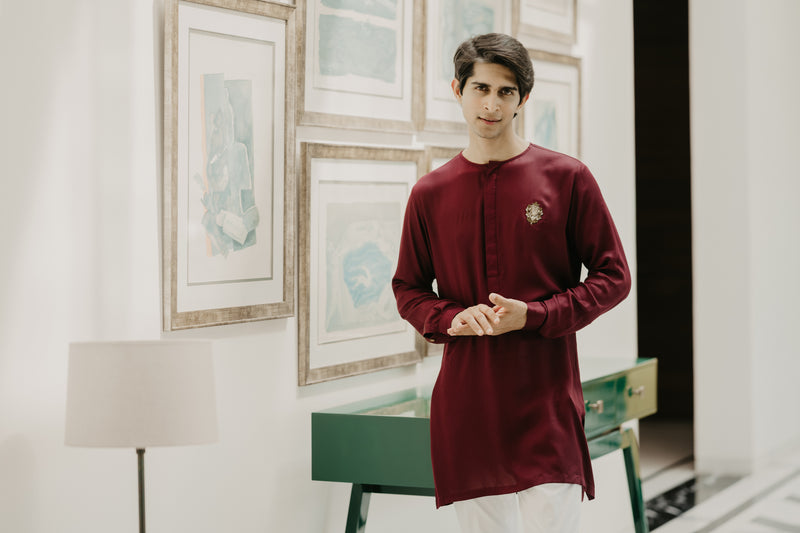Maroon Round silk embroidery kurta