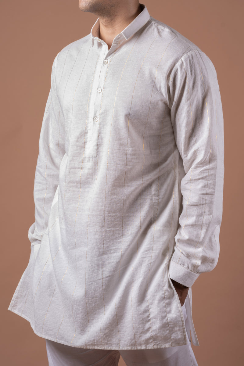 Golden Stripes on  white jaquard Kurta