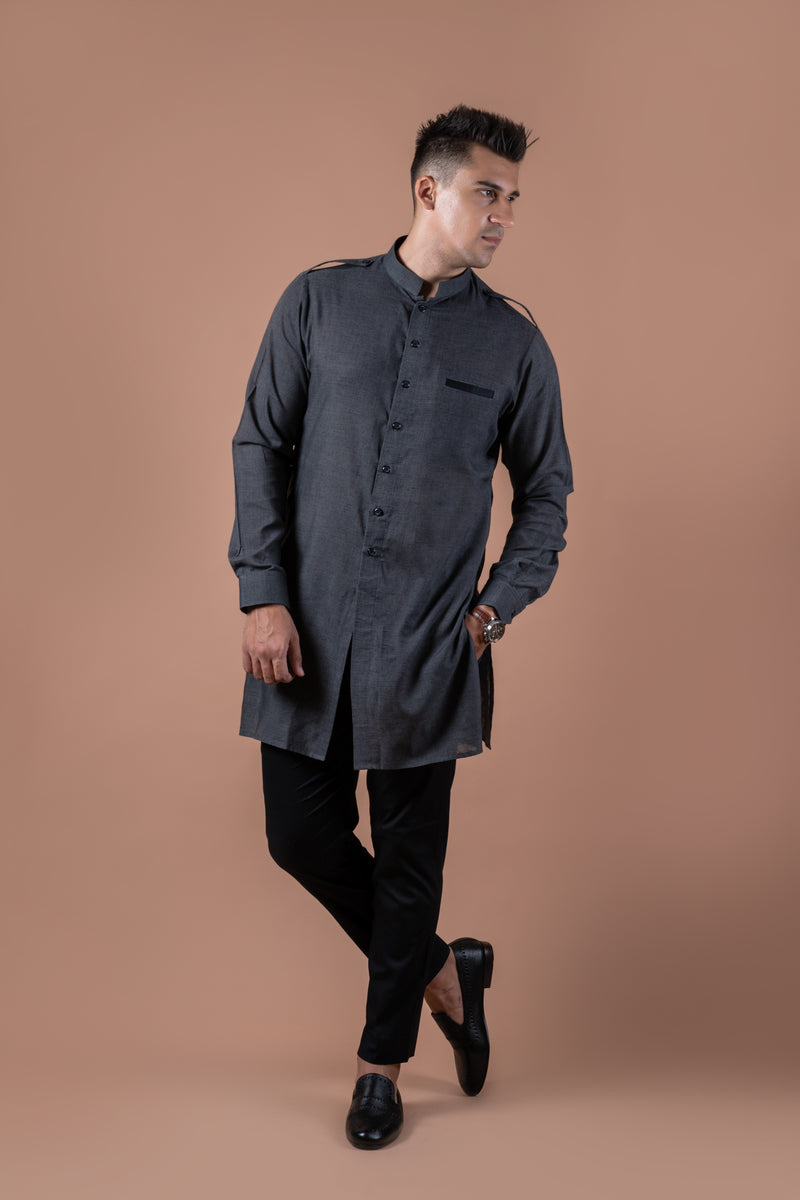 Grey Front Open Kurta with Shoulder Flaps