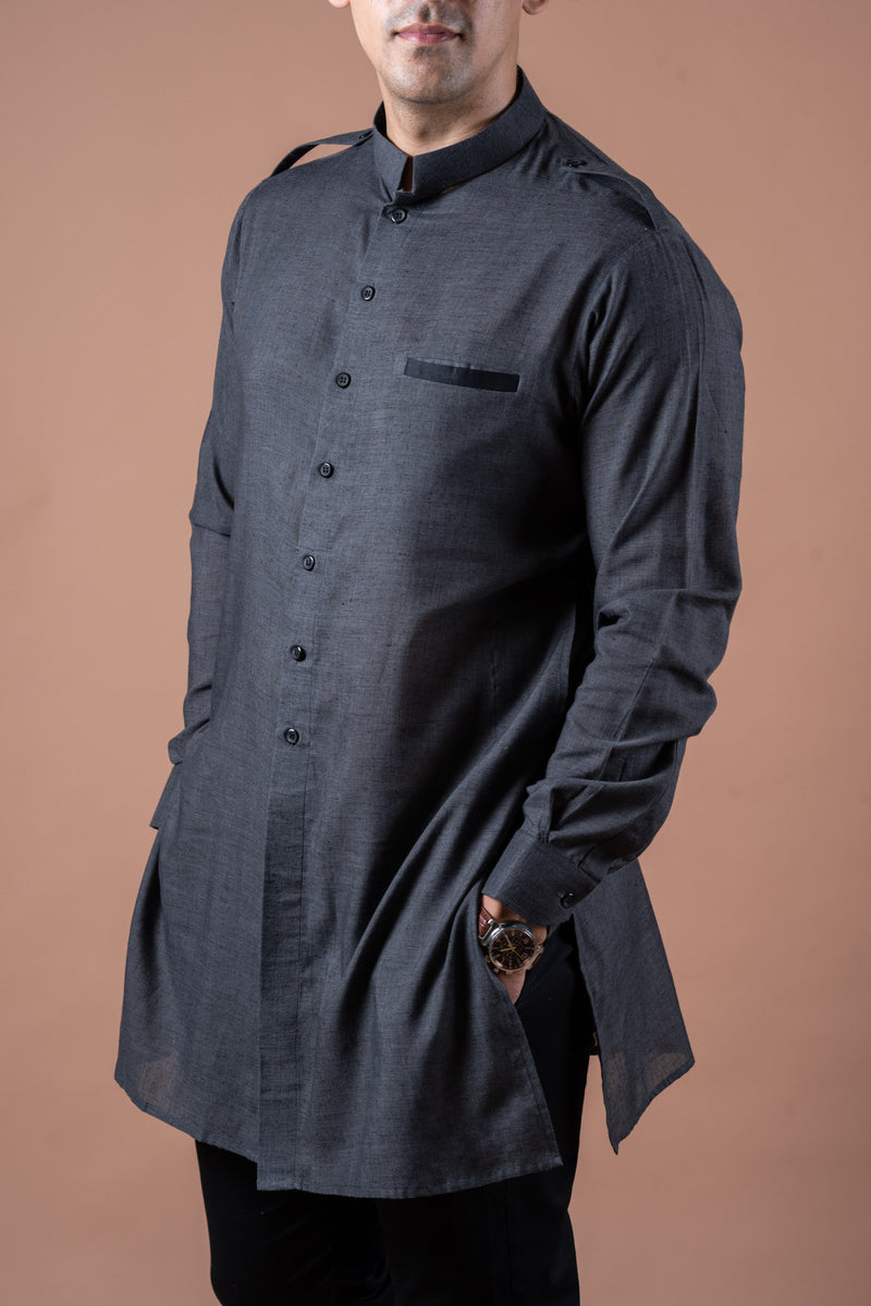 Grey Front Open Kurta with Shoulder Flaps