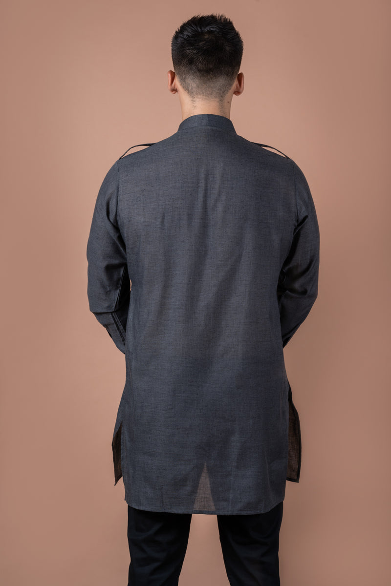 Grey Front Open Kurta with Shoulder Flaps