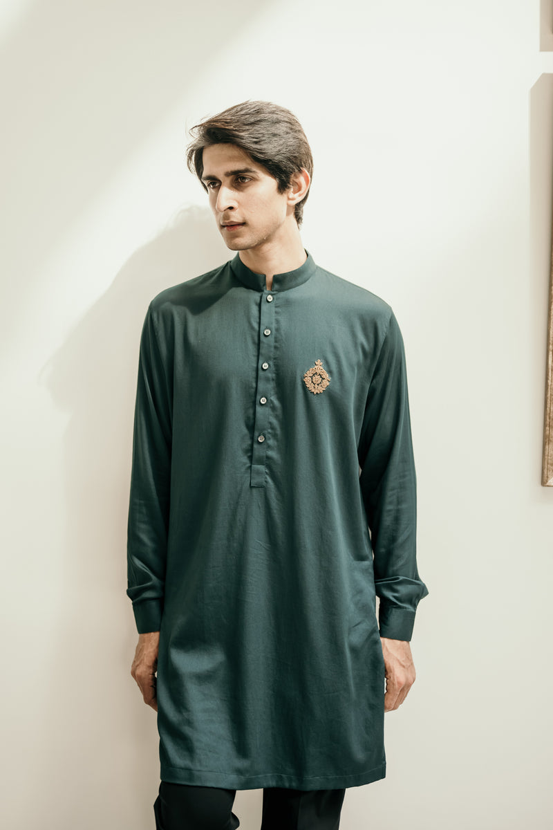 Bottle Green Embellished Short Kurta