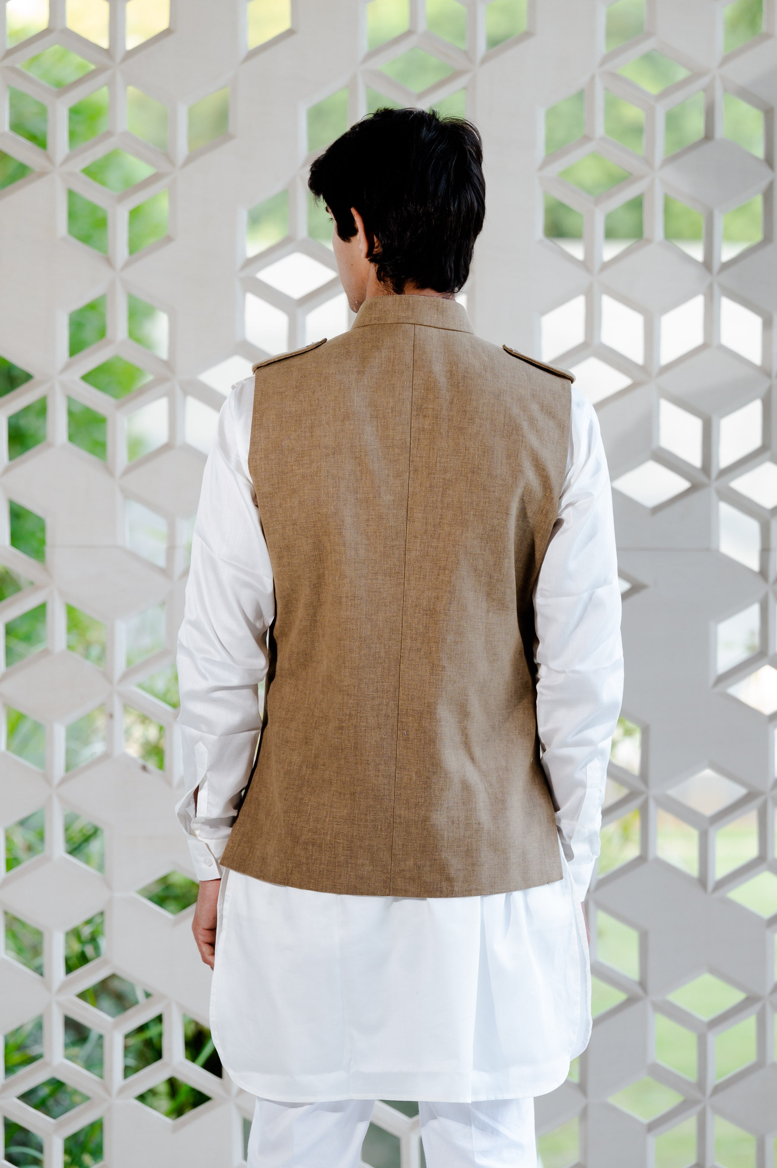 Beige Shoulder Flap Nehru Jacket