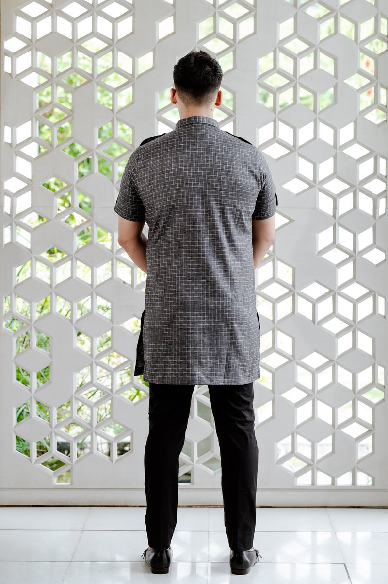 Grey Check Patterned Half Sleeves Kurta
