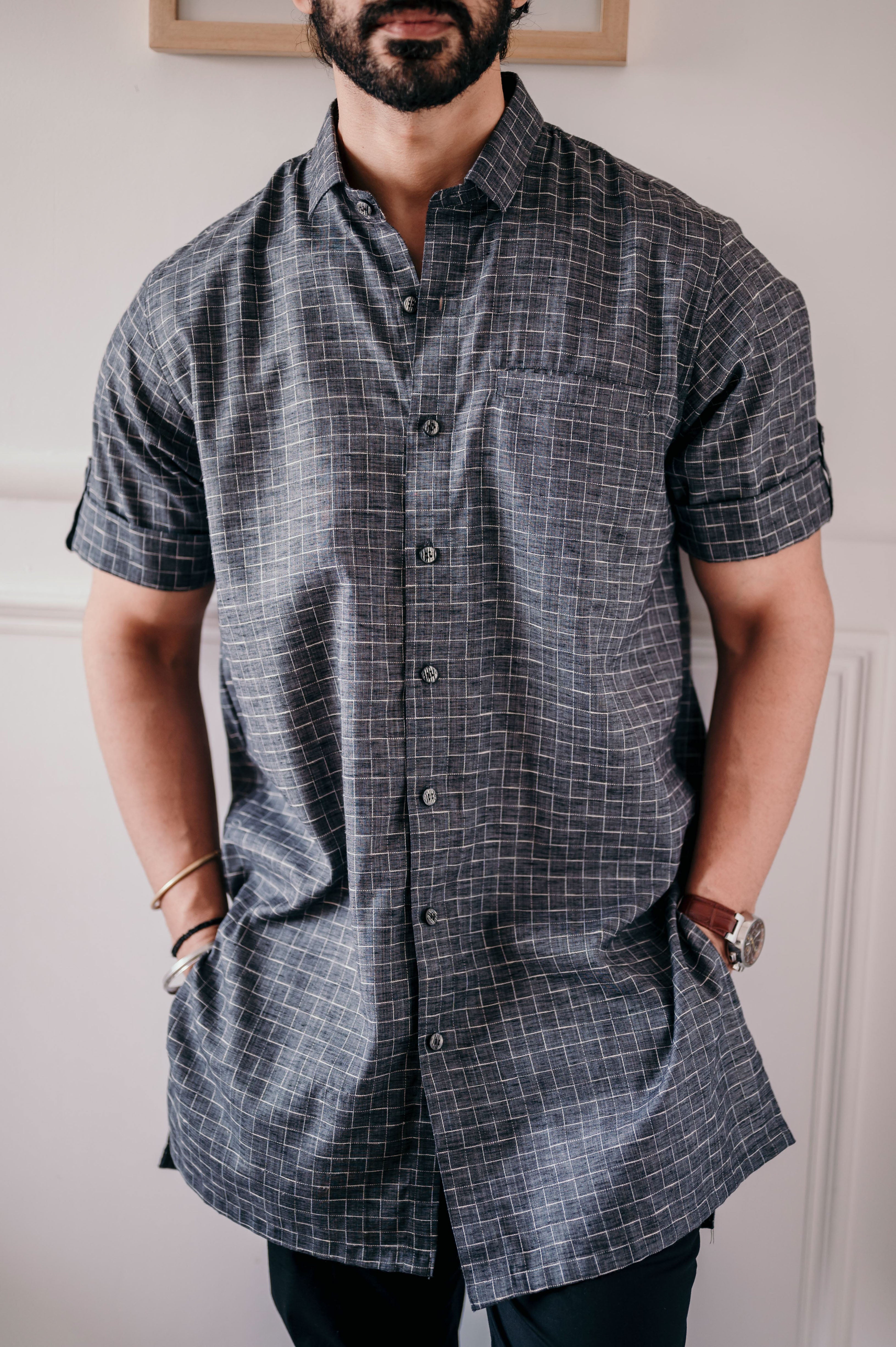 Grey Check Patterned Half Sleeves Kurta