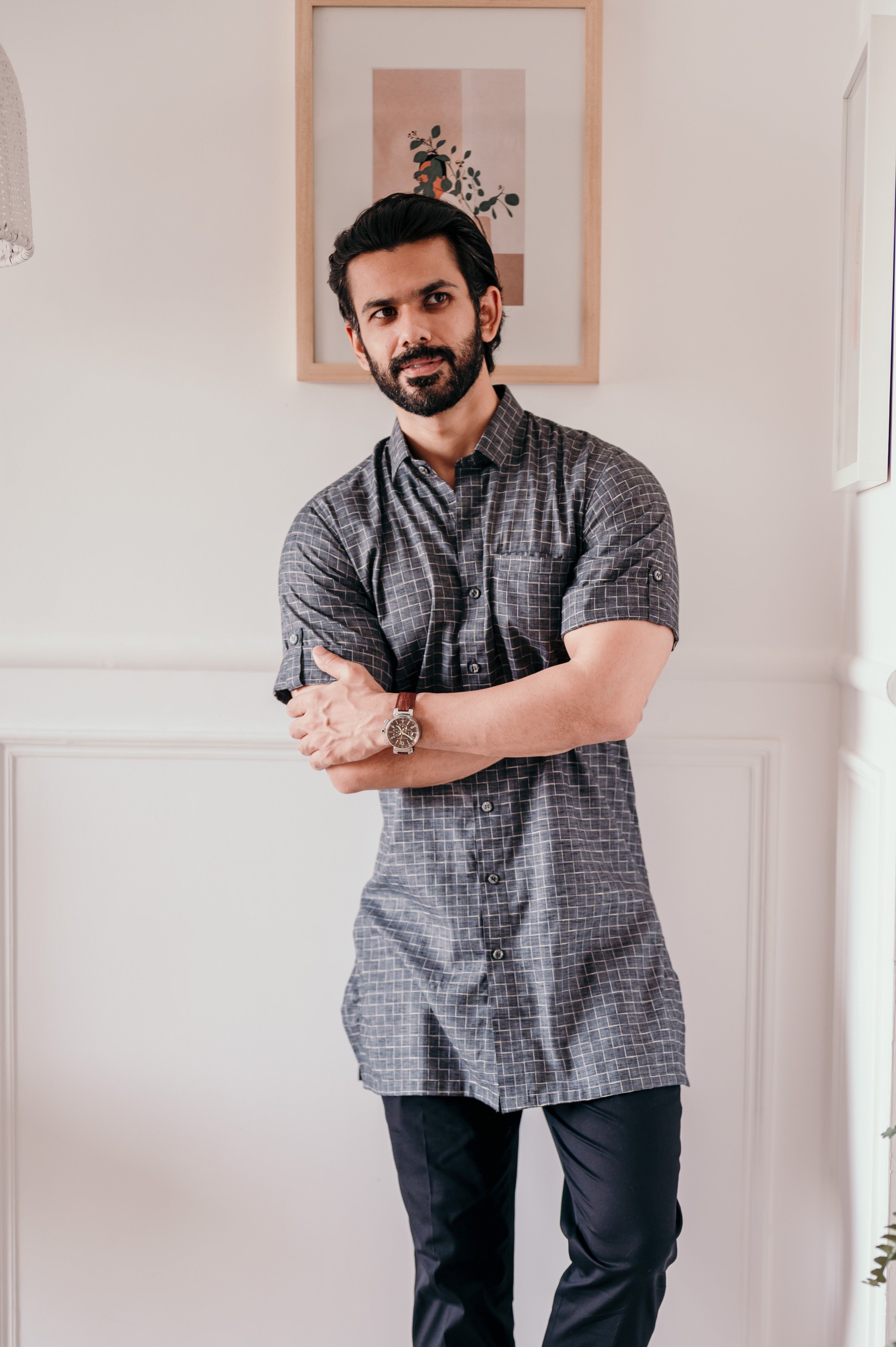 Grey Check Patterned Half Sleeves Kurta