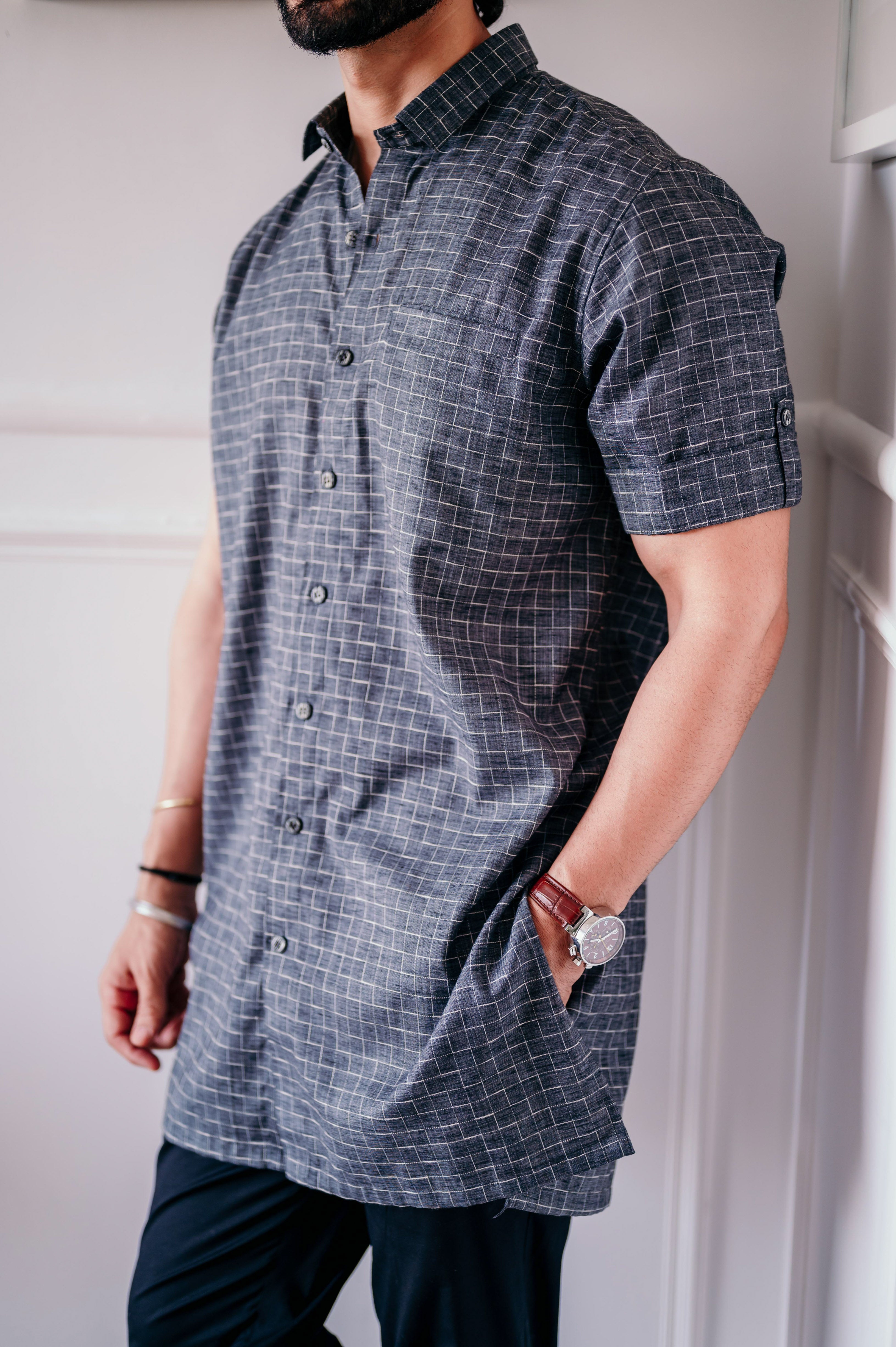 Grey Check Patterned Half Sleeves Kurta