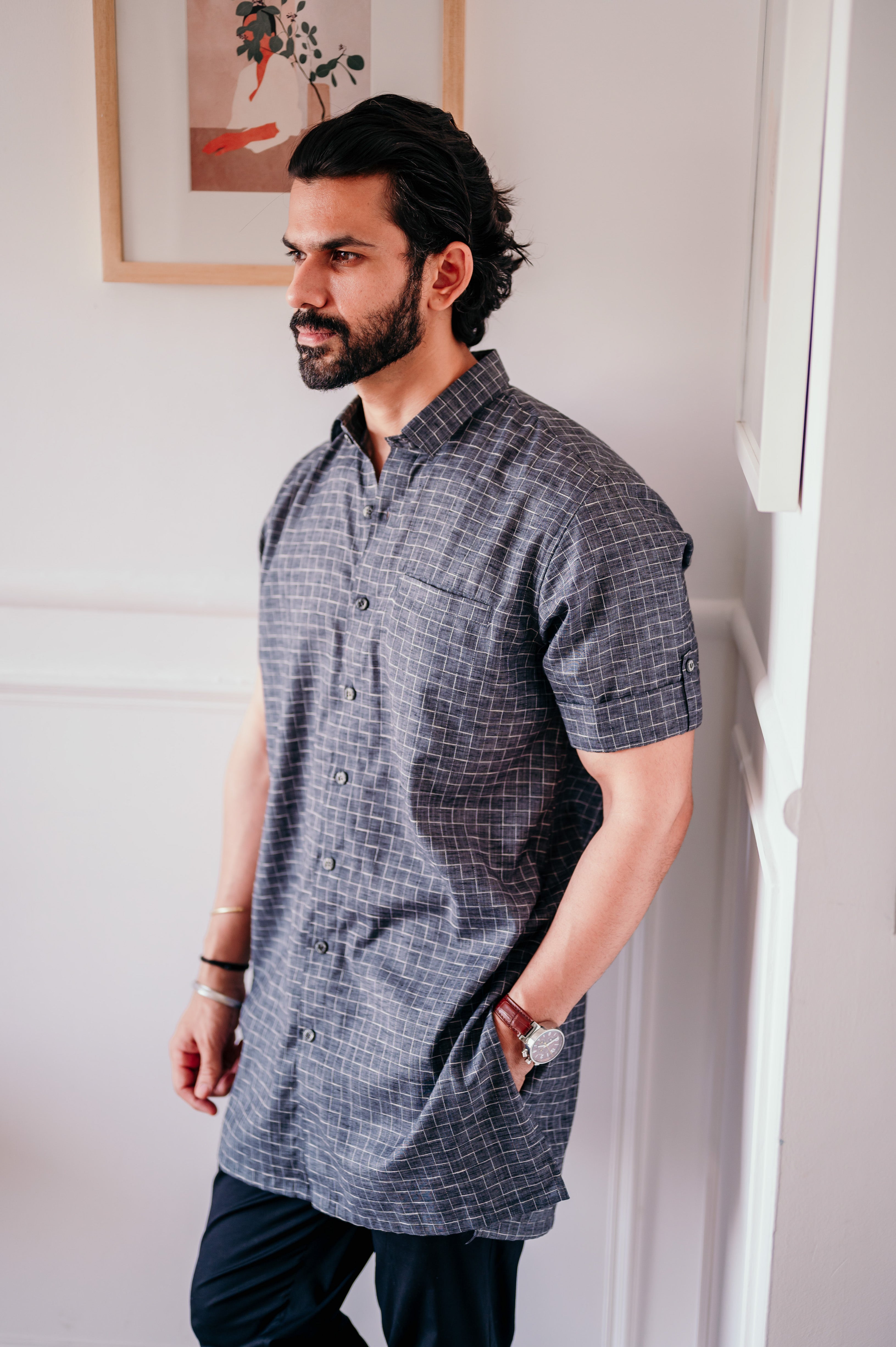 Grey Check Patterned Half Sleeves Kurta