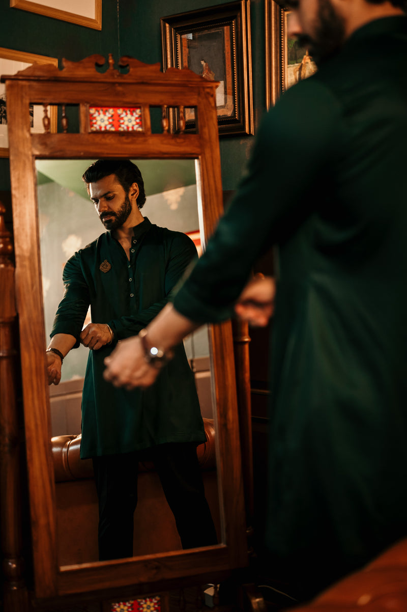 Bottle Green Embellished Short Kurta