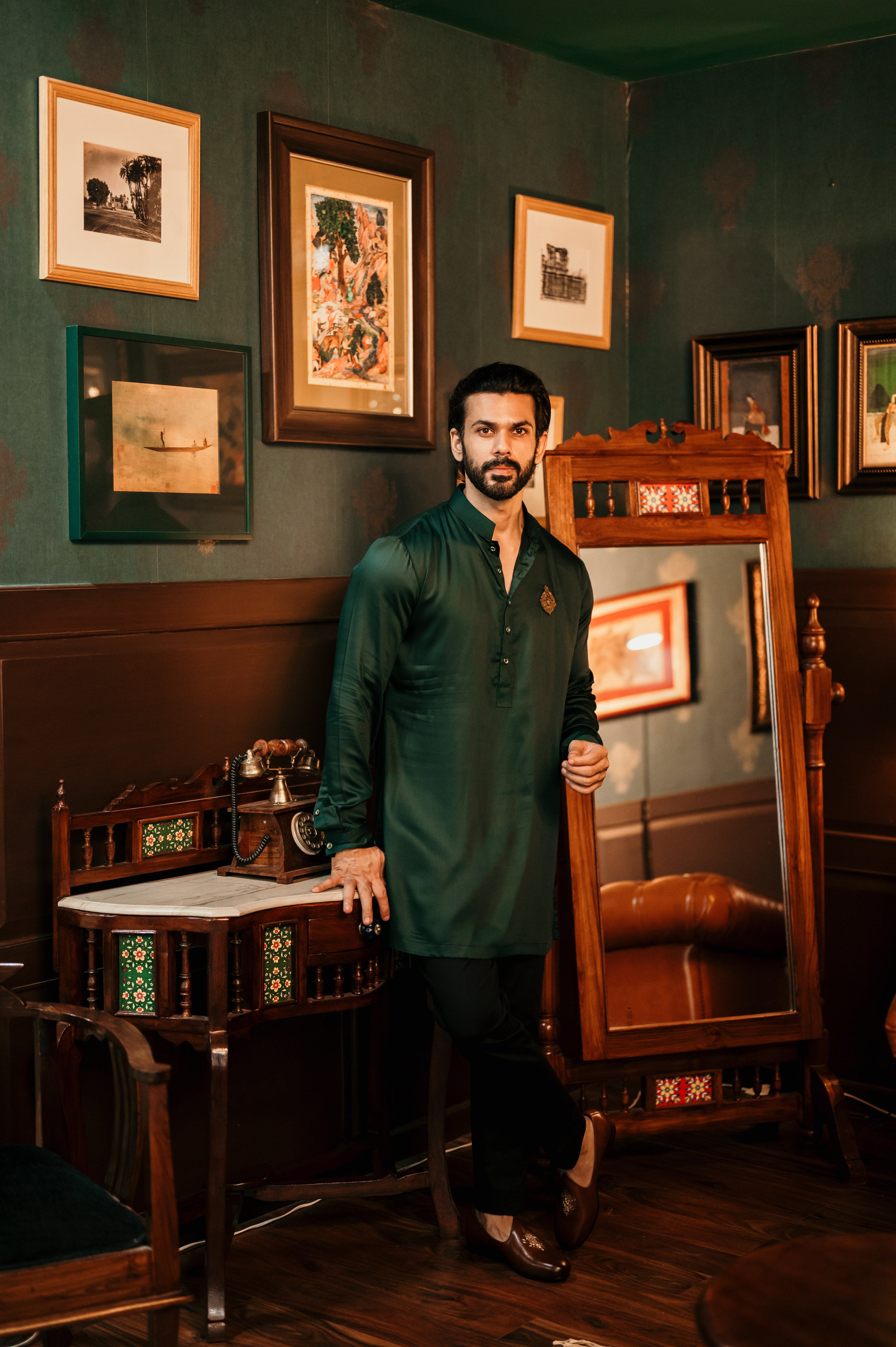 Bottle Green Embellished Short Kurta