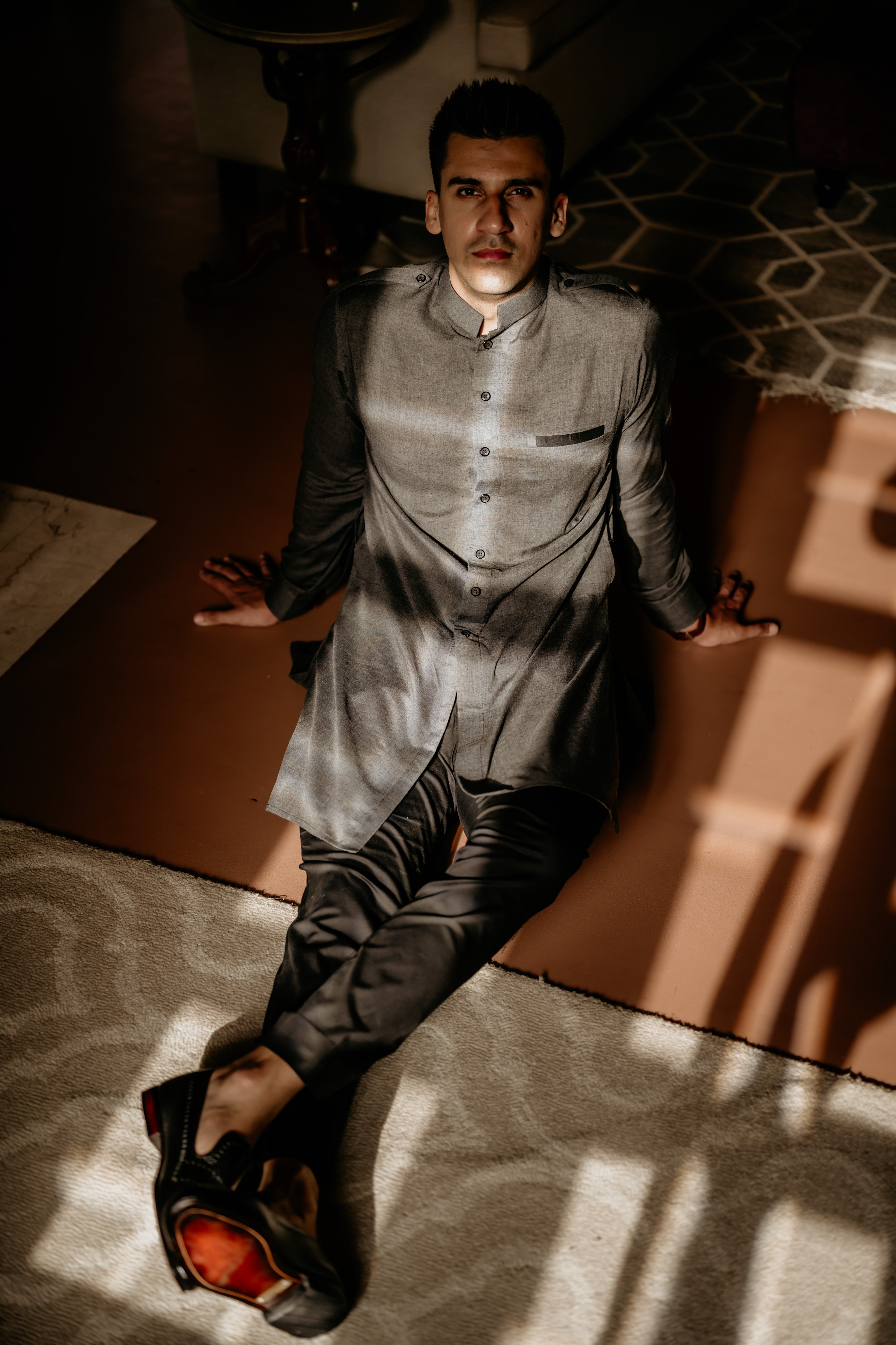 Grey Front Open Kurta with Shoulder Flaps